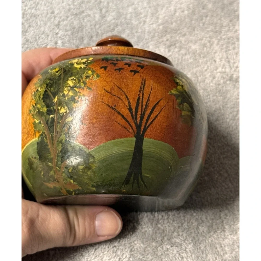 Hand Crafted & Painted Wooden Trinket Box, Spice Jar w/ Lid Folk‎ Art from HAITI